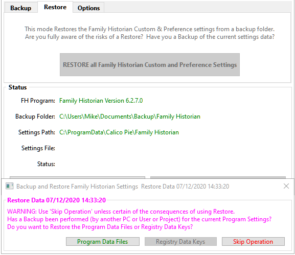Backup and Restore Family Historian Settings – Restore tab Backup and Restore Family Historian Settings – Restore tab