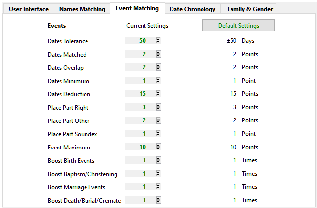 Event Matching Tab