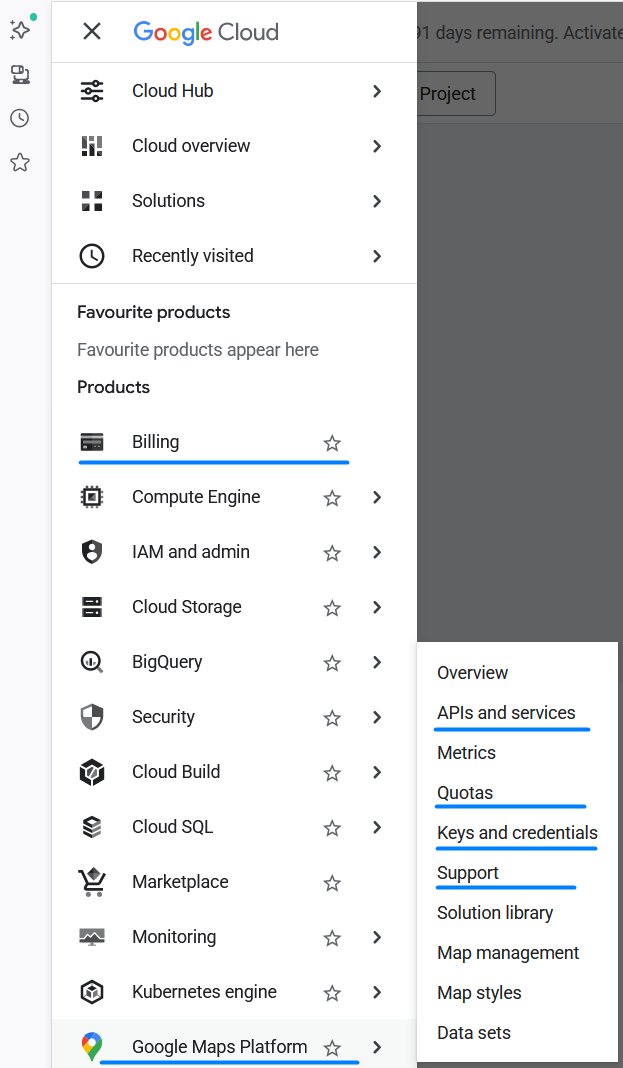 Google Cloud Menu